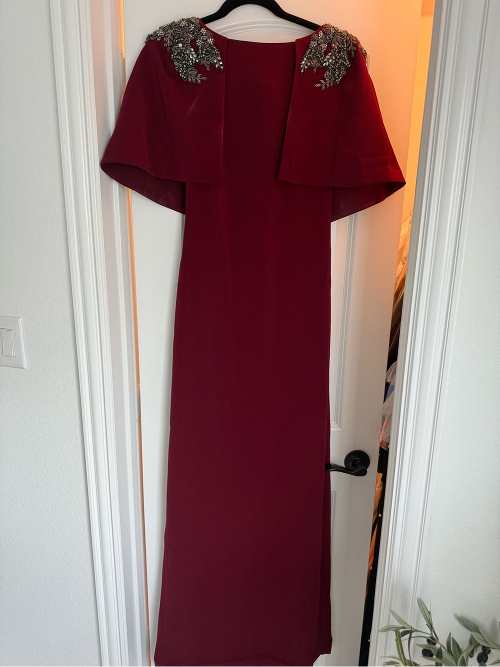 Badgley Mischka Burgundy Cape-Shoulder Evening Gown with Beaded Shoulders